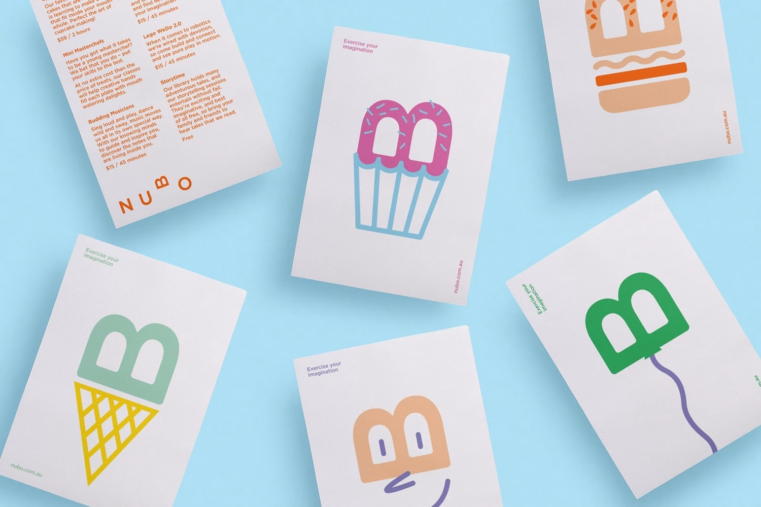 A collection of playful cards featuring colorful designs of ice cream and snacks, set against a light blue background.