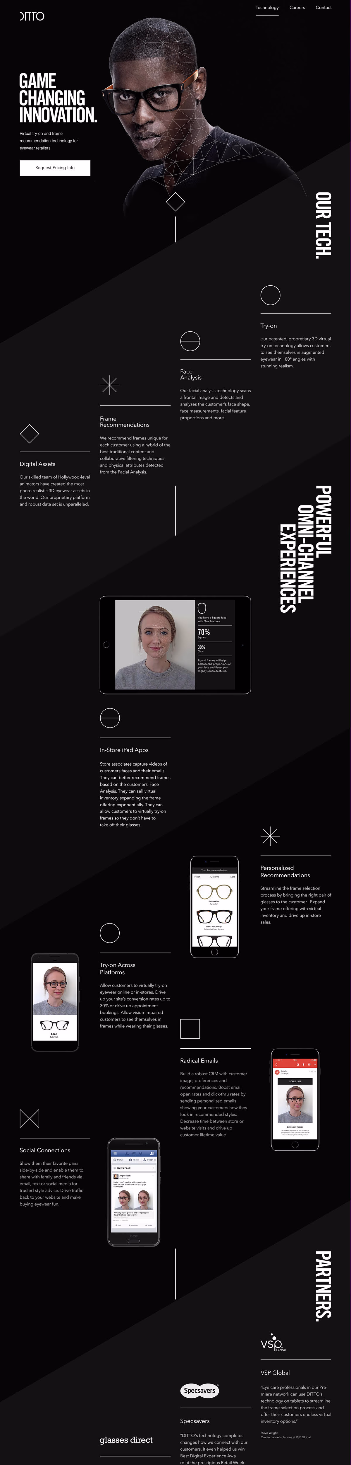 A black website layout featuring a facial analysis model alongside a tablet displaying customizable eyewear options.