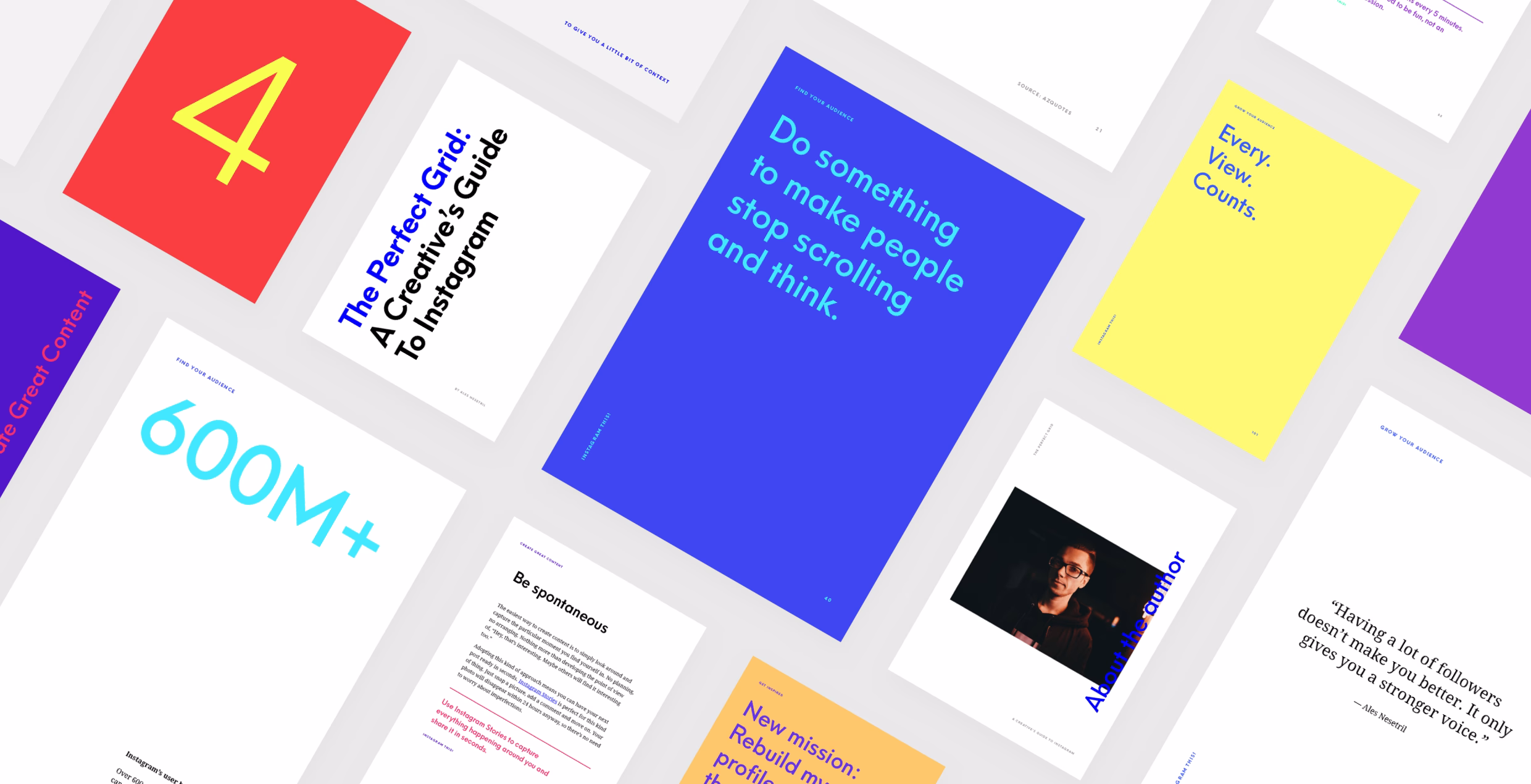 A collection of colorful documents featuring various typography styles, including a bold blue text box with a quote.