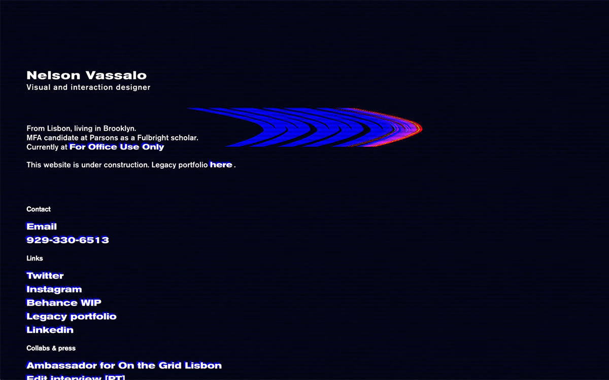 A dark-themed webpage displays information about Nelson Vassalo, including contact details and links, with blue text accents.
