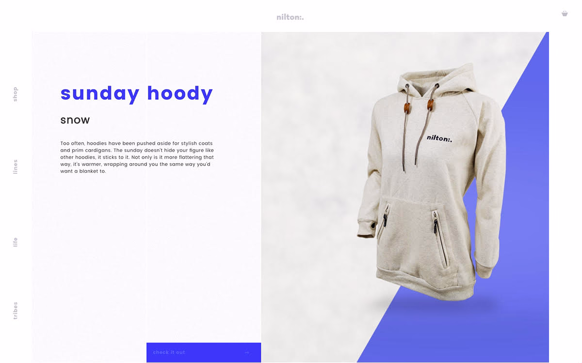 A beige hoodie with a front pocket and drawstrings, set against a white and blue background.