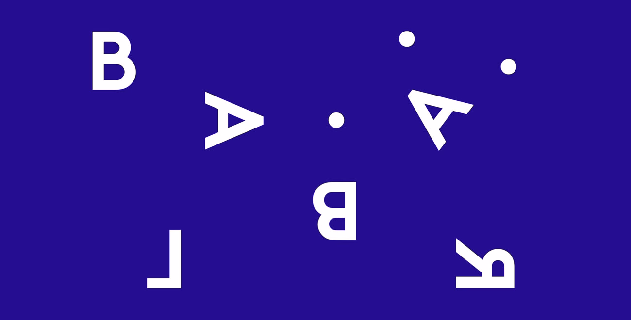 A vibrant blue background features scattered white letters and geometric shapes in various orientations.