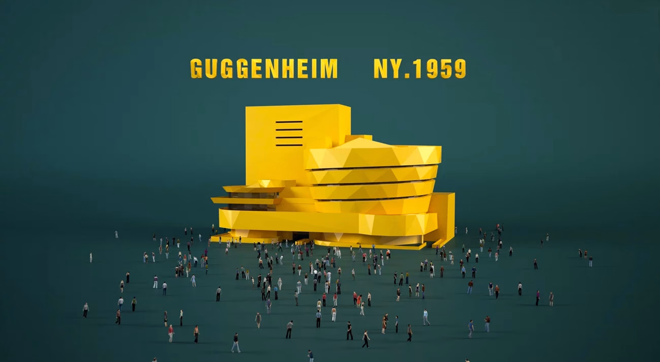 A sculptural, yellow Guggenheim building from 1959 stands amidst a crowd of small, diverse figures on a dark green background.