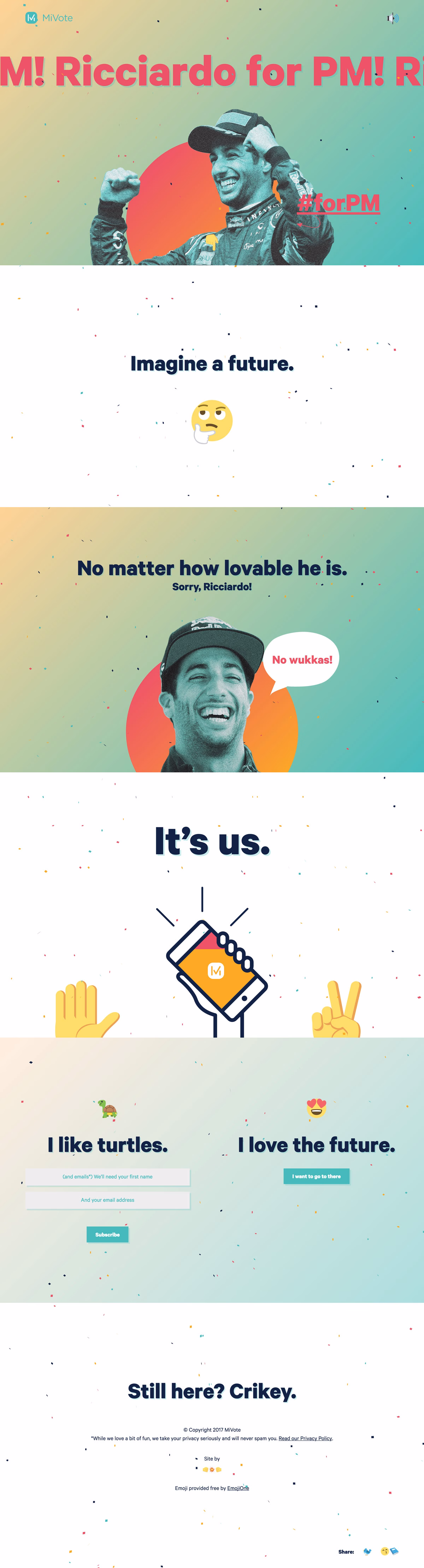 A colorful webpage featuring a smiling man, playful typography, and vibrant background patterns, promoting a political campaign.