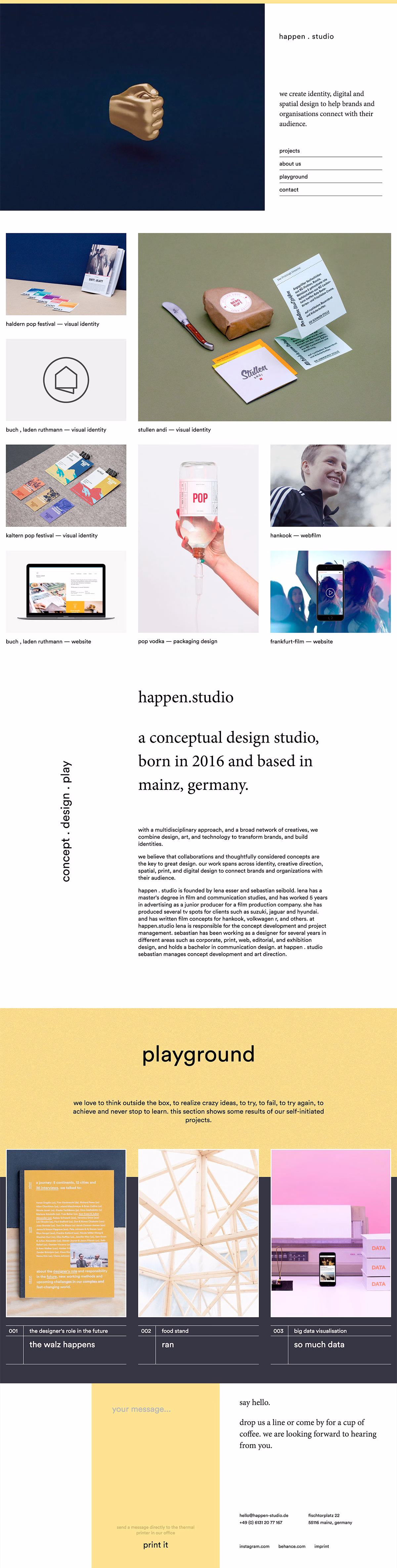 A collection of design elements showcases a golden hand sculpture, branding materials, and a yellow and blue color palette.