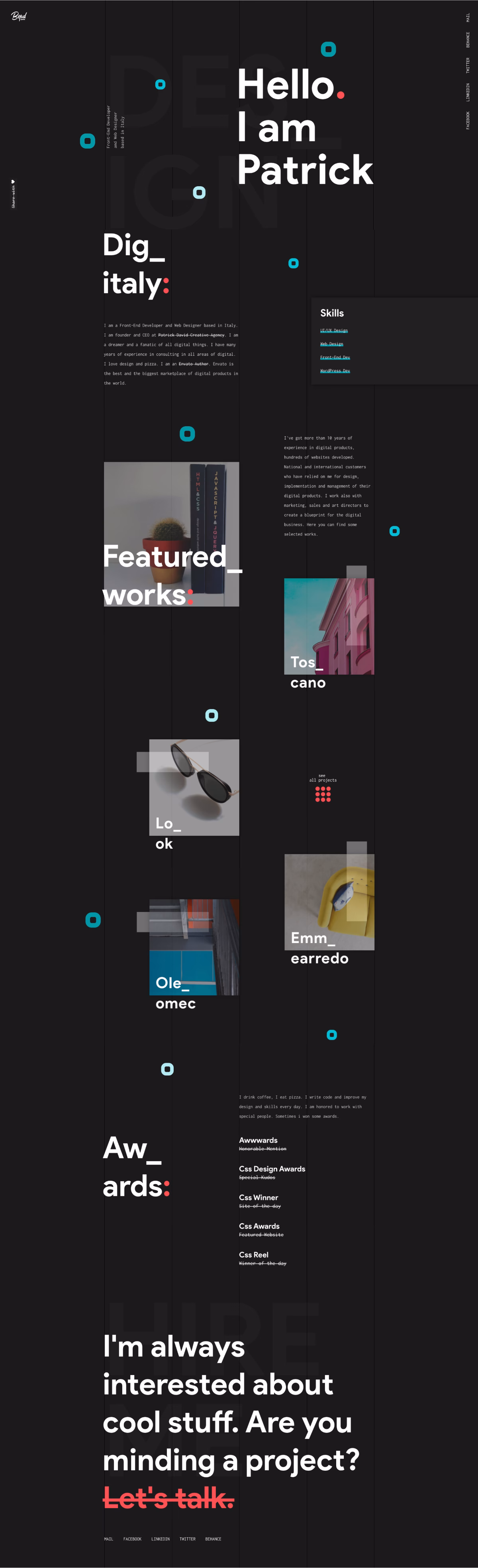 A digital portfolio layout in black, featuring white and bright colored typography and various project thumbnails.