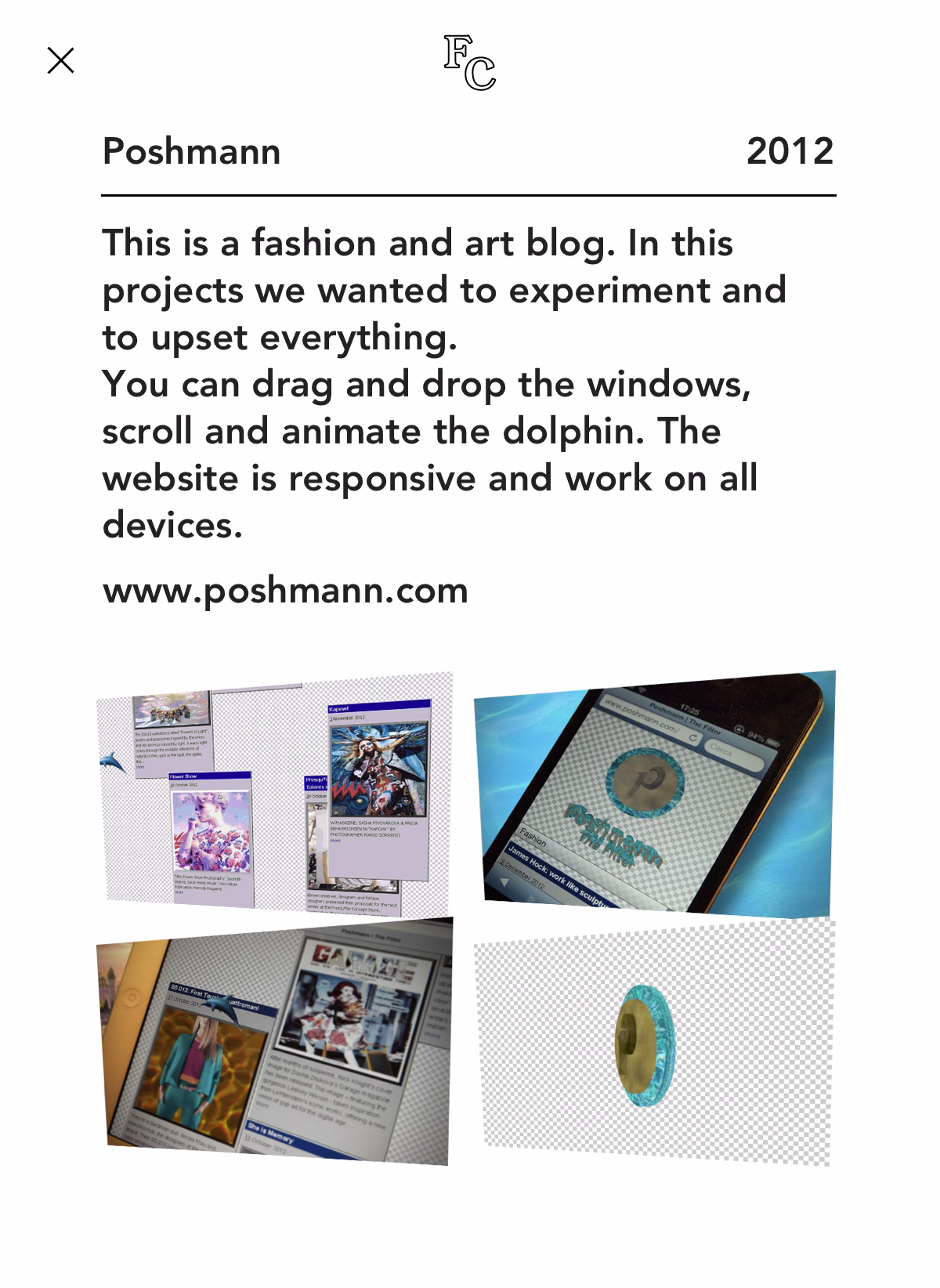 A collage of digital designs showcasing a fashion and art blog interface with various colorful display windows and a phone.