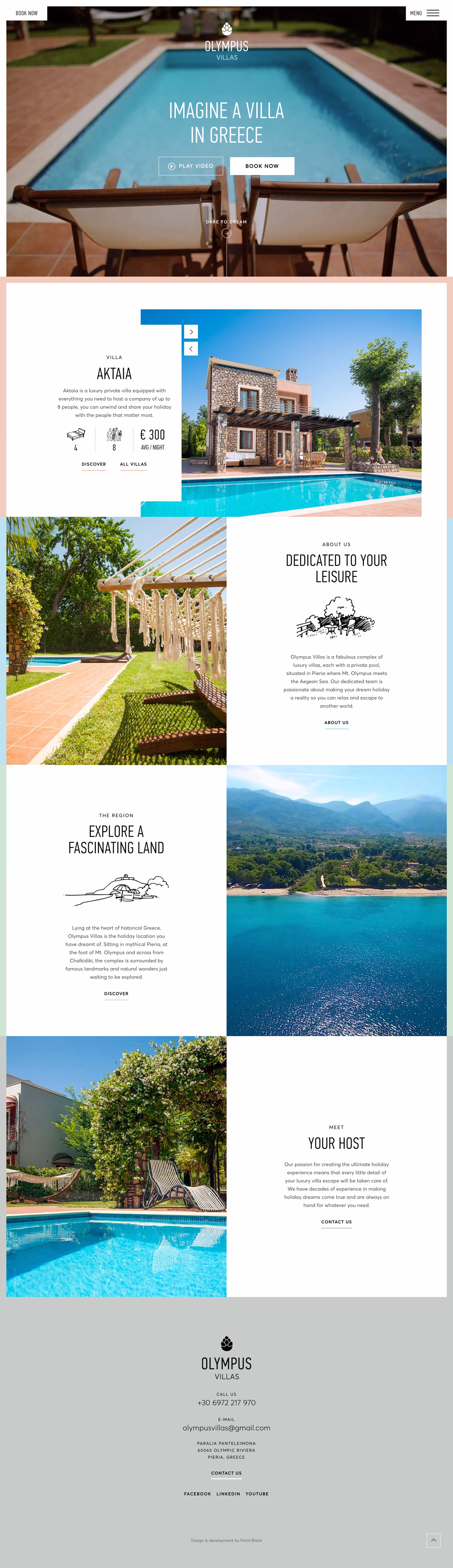 A serene villa with a turquoise pool, surrounded by lush greenery and wooden elements on a sunny day in Greece.