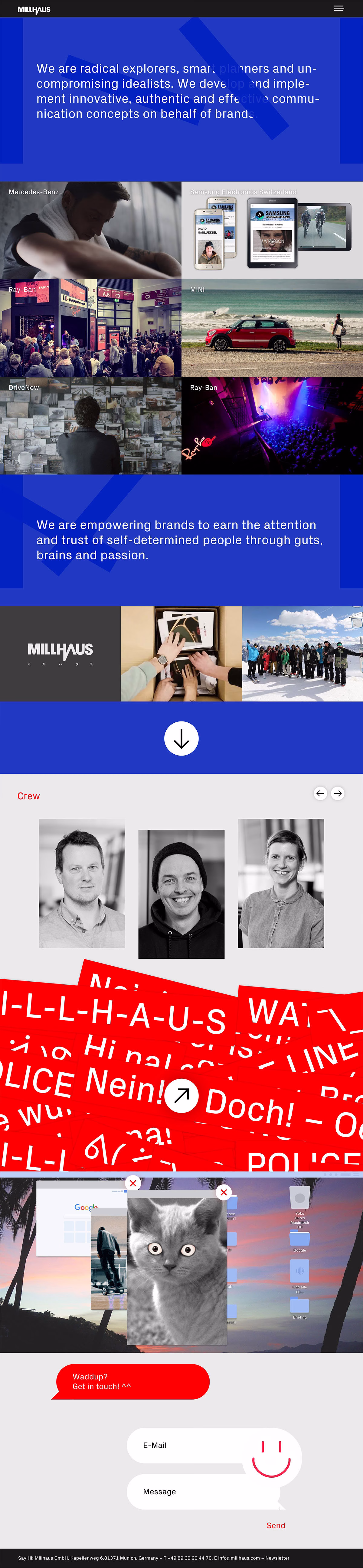 A collage of images featuring people, brands, and a cat, with bold red text overlay and a minimalist layout.