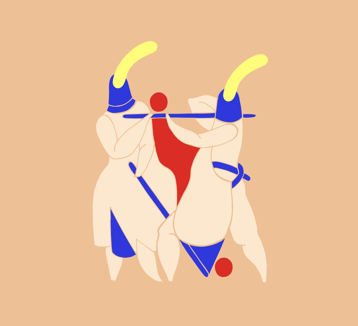 Two abstract figures in pastel colors interact, holding a red shape against a soft beige background.