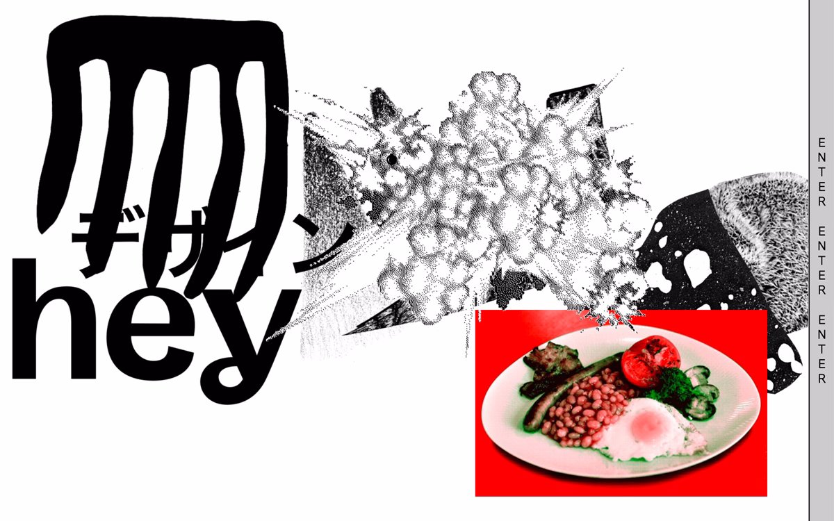 A bright red background features an assortment of food on a plate alongside bold black text and abstract shapes.