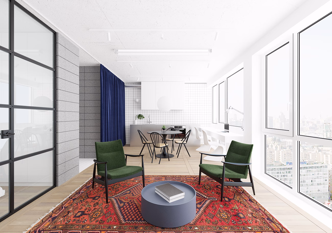 A modern living space features green chairs, a circular coffee table, and large windows with city views.