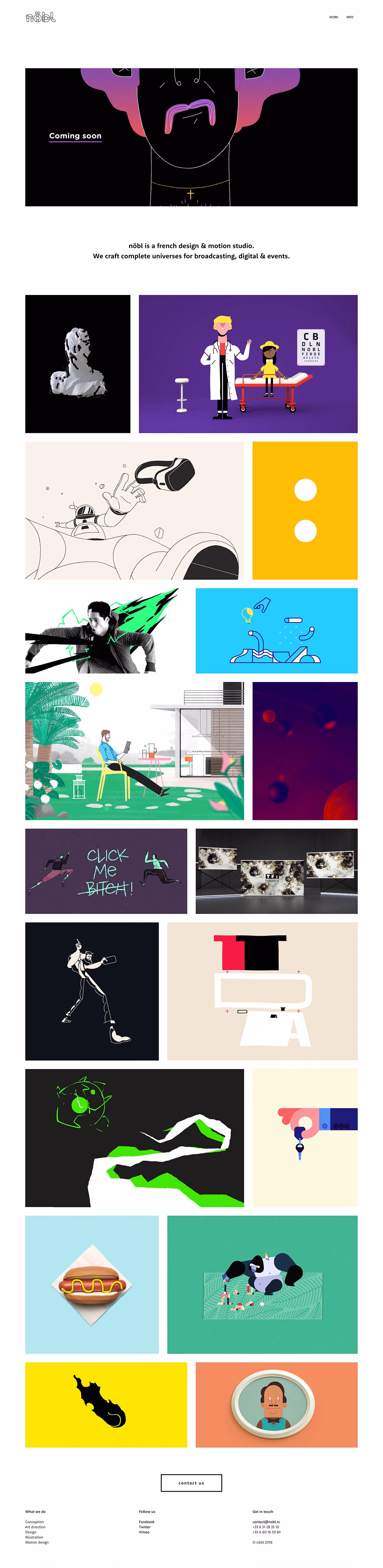 A colorful collage of illustrations and animations featuring various characters and abstract shapes across a grid layout.