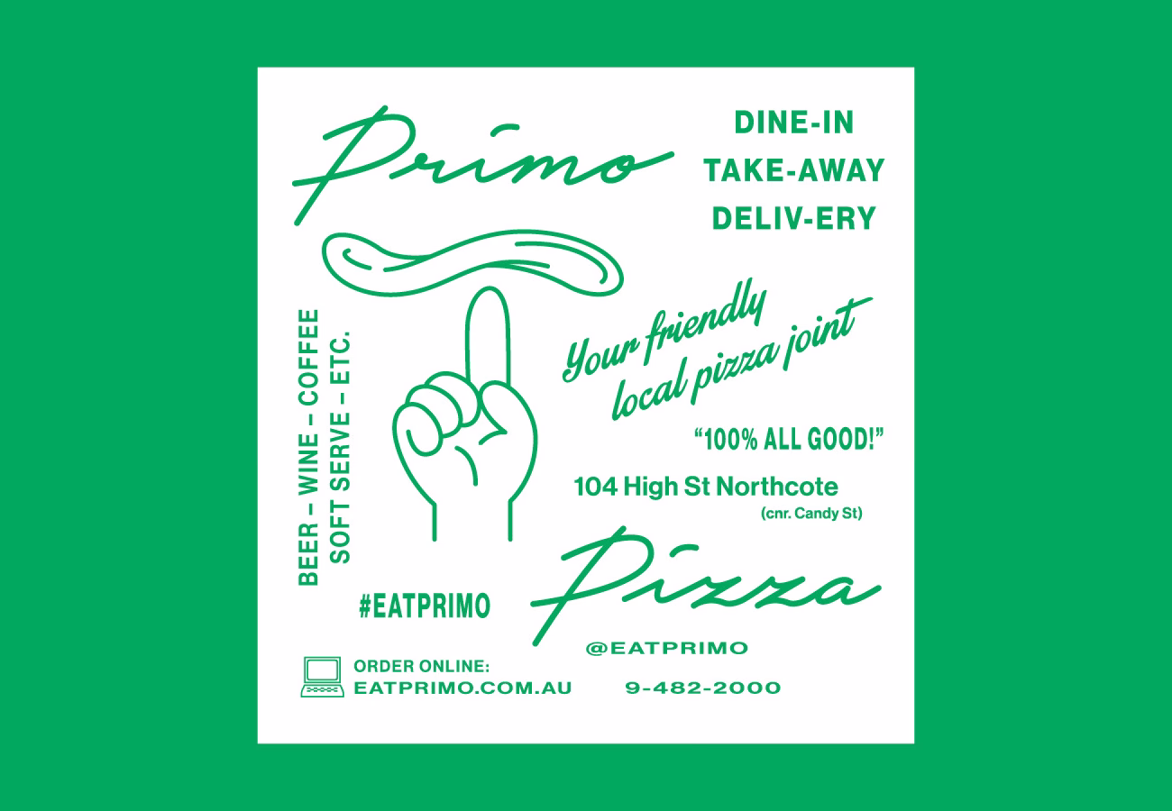 A bright green poster features playful white typography advertising a local pizza joint with contact details.