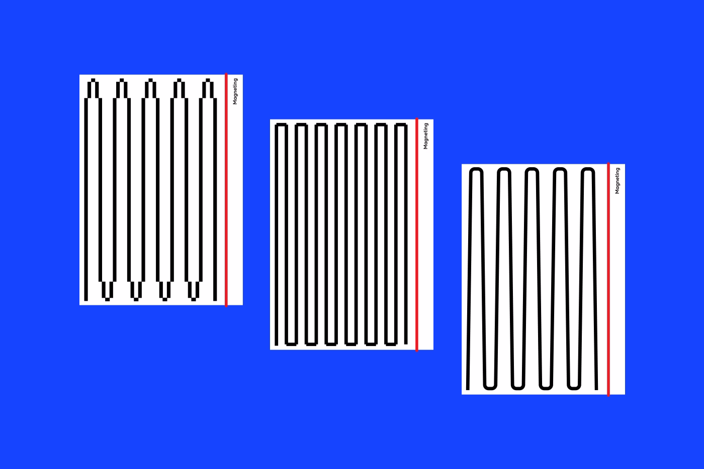 Three posters with black line drawings on a white background, set against a blue backdrop. Red accents highlight certain elements.