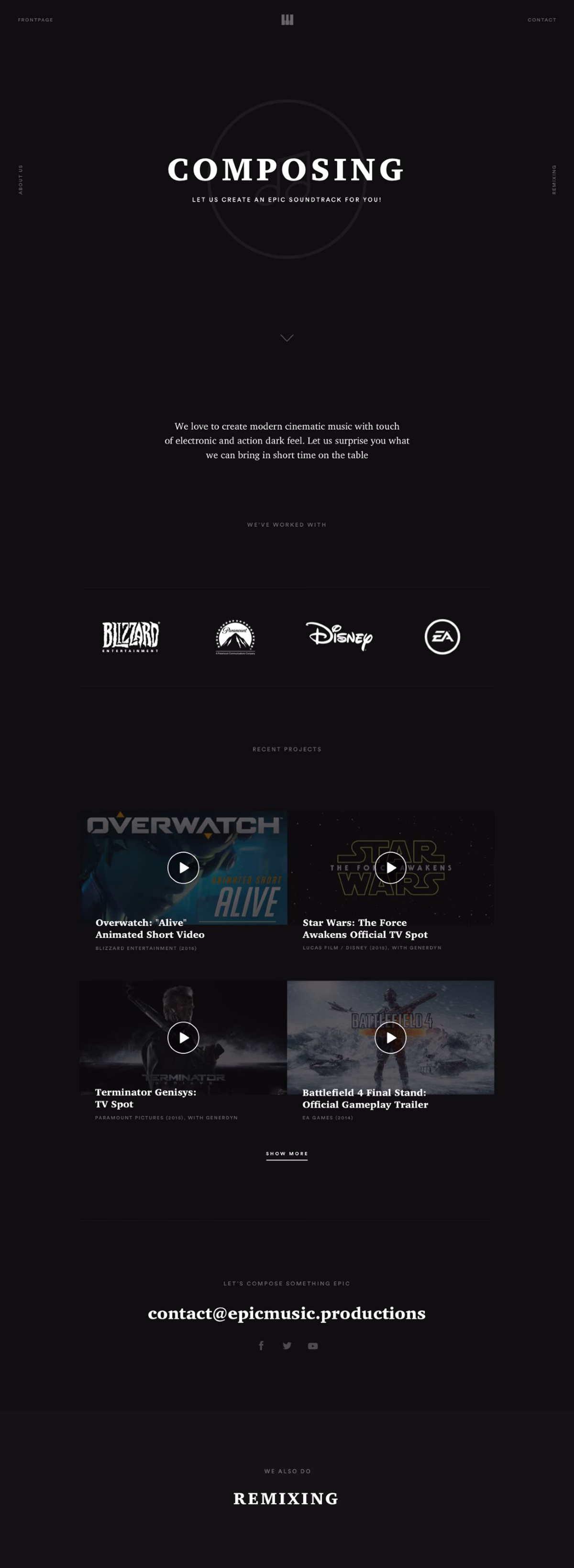 A dark website layout with bold white typography showcases music composition services and recent projects.
