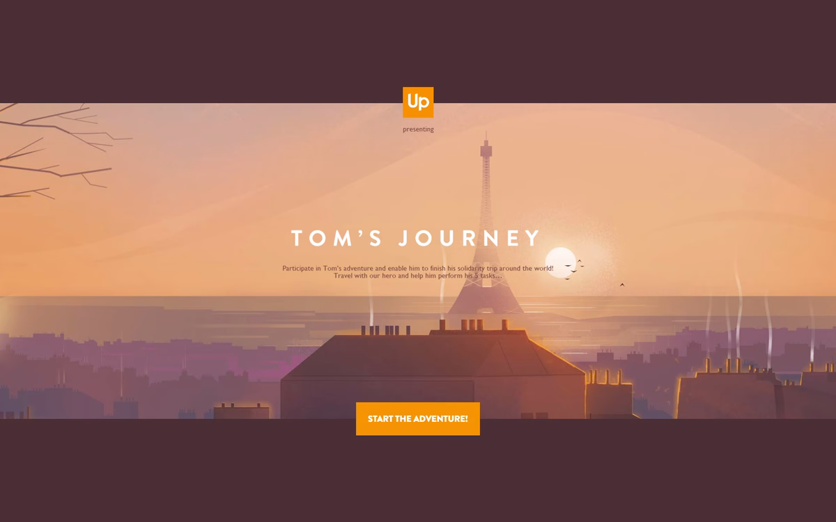 A softly colored illustration shows rooftops, the Eiffel Tower, and a setting sun, inviting viewers to join an adventure.