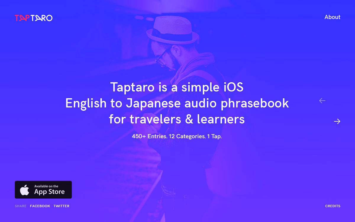 A smartphone interface featuring a vibrant blue background with white typography for a Japanese phrasebook app.