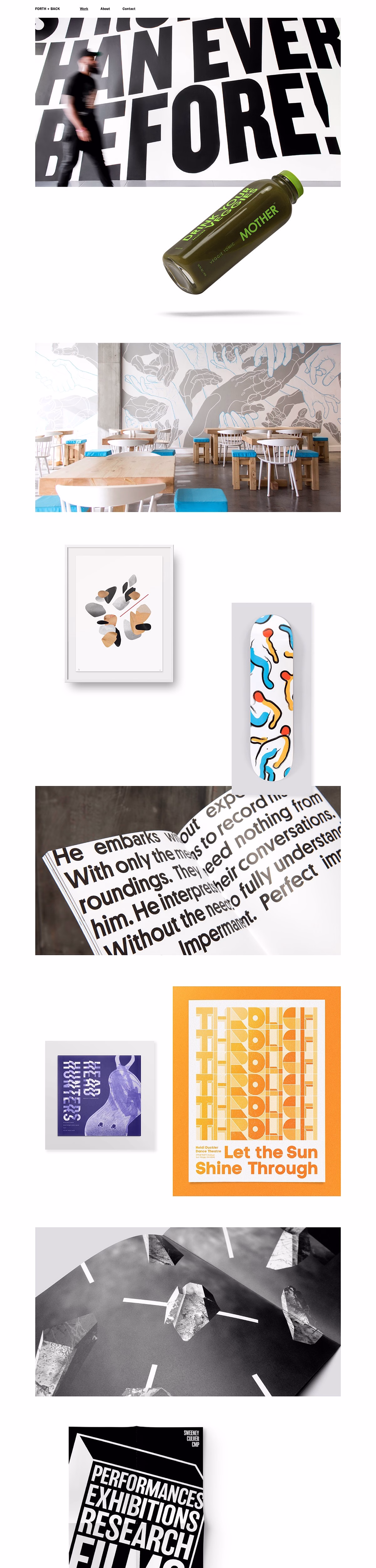 A drink bottle floats against a vibrant mural, while a café interior features white furniture with blue cushions.