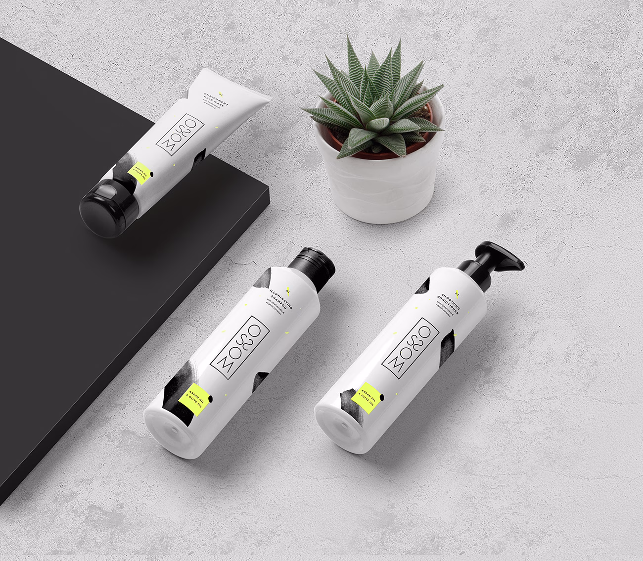 Three bottles of personal care products with geometric labels in white and black, accompanied by a small potted succulent.