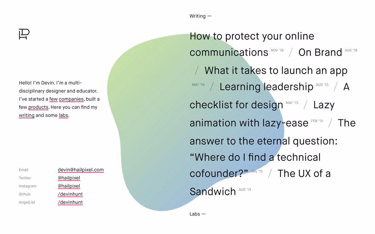 A light blue-green abstract shape sits beside text introducing a designer named Devin, listing writings and contact information.