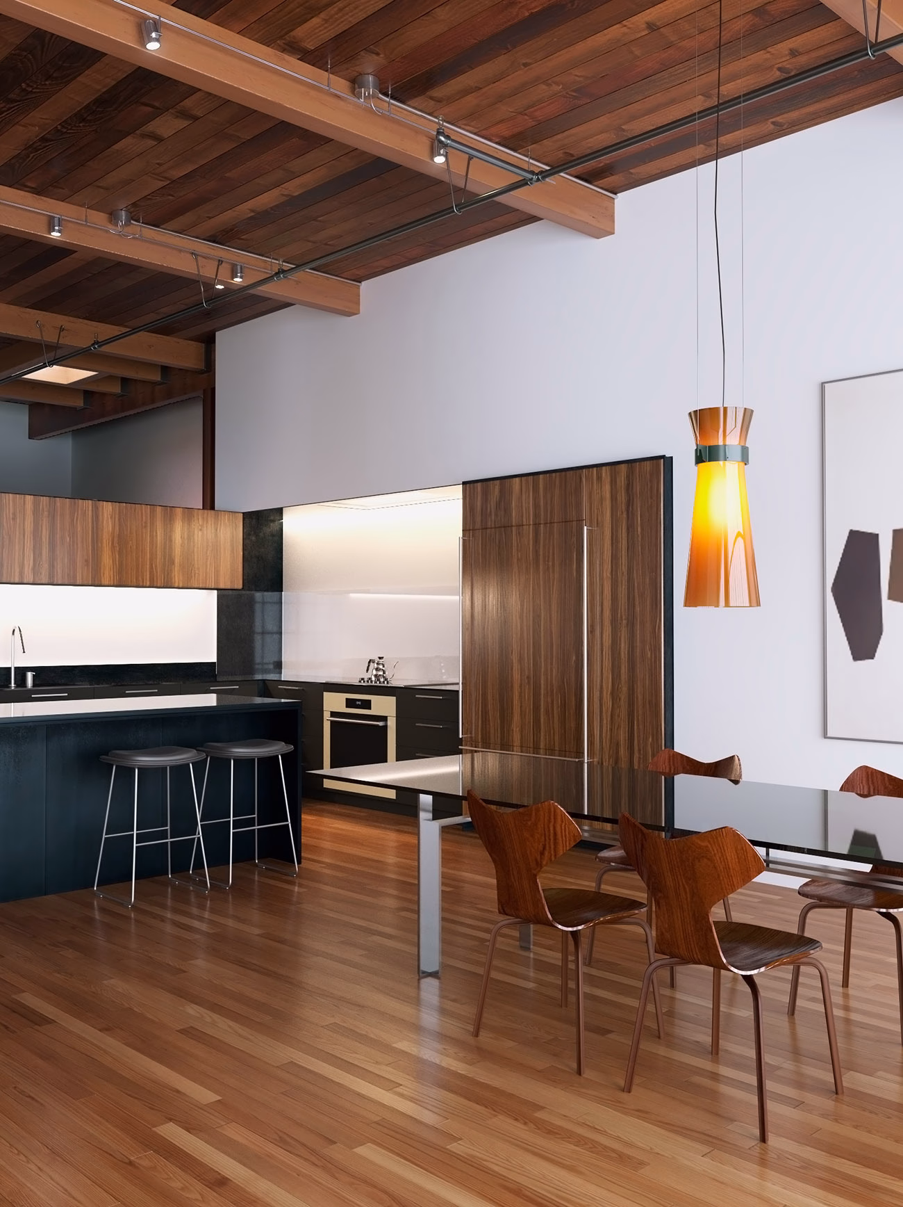 A modern kitchen features sleek, dark cabinetry and a warm wooden ceiling, highlighted by a unique pendant light.