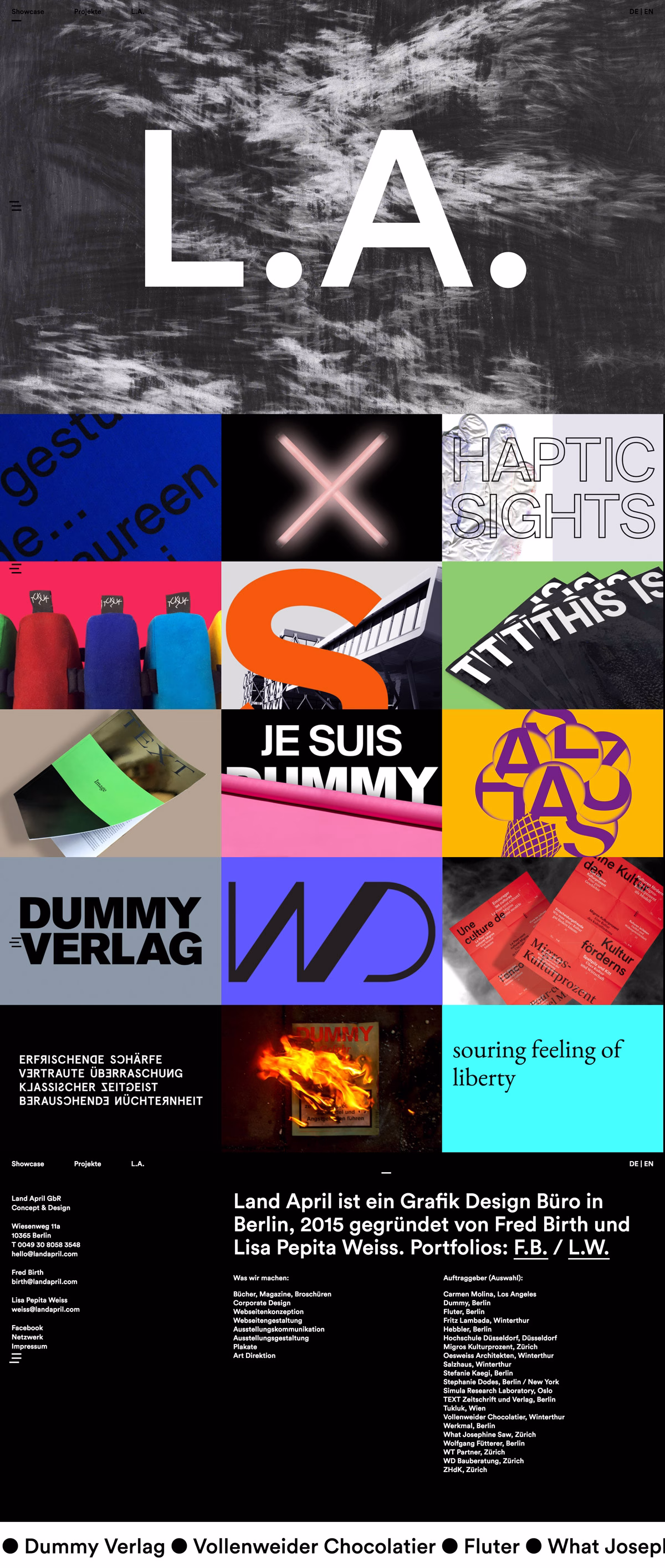 A grid display of bold typography and vibrant colors, showcasing various graphic design projects and branding.