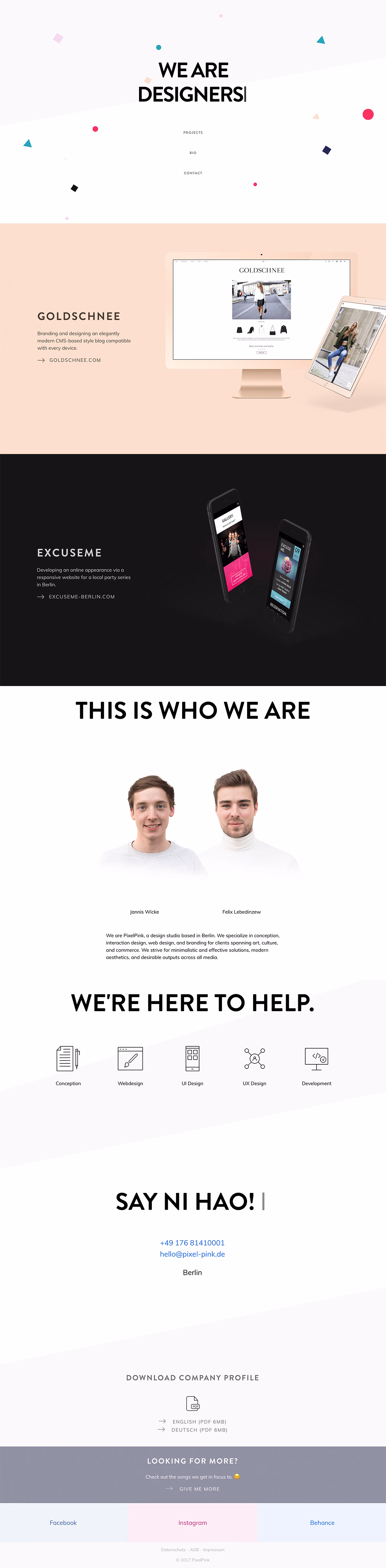 A minimalist web layout features a light pink background with bold black typography and colorful geometric shapes.