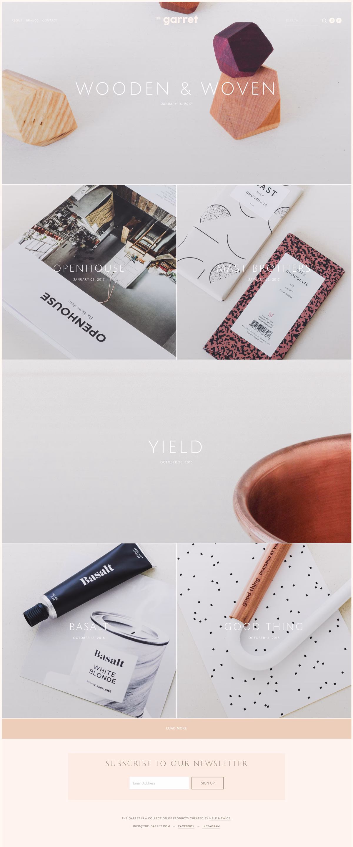A collection of product images features wooden shapes, patterned notebooks, and a copper bowl against a minimal backdrop.