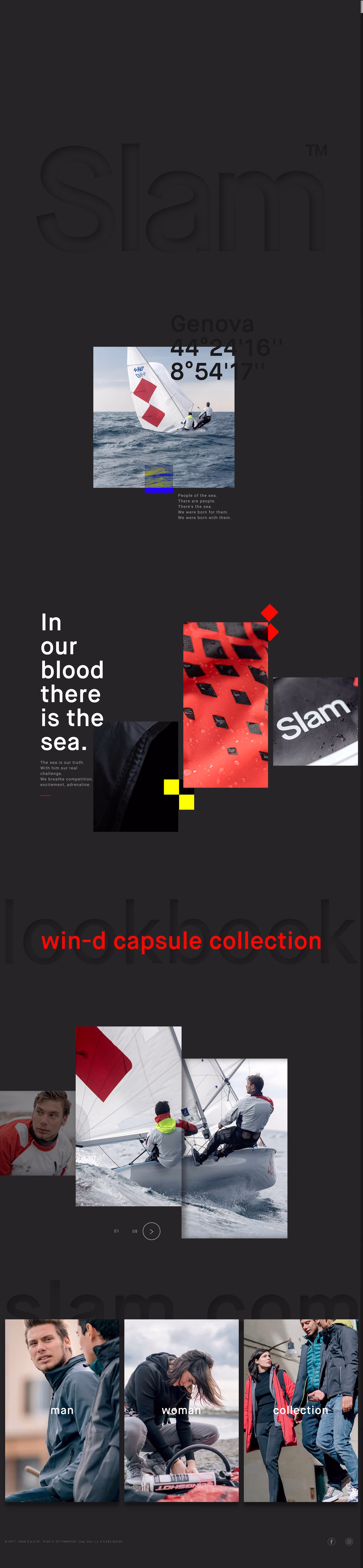 A dark layout features sailing images, bold typography, and vibrant red accents highlighting the wind capsule collection.