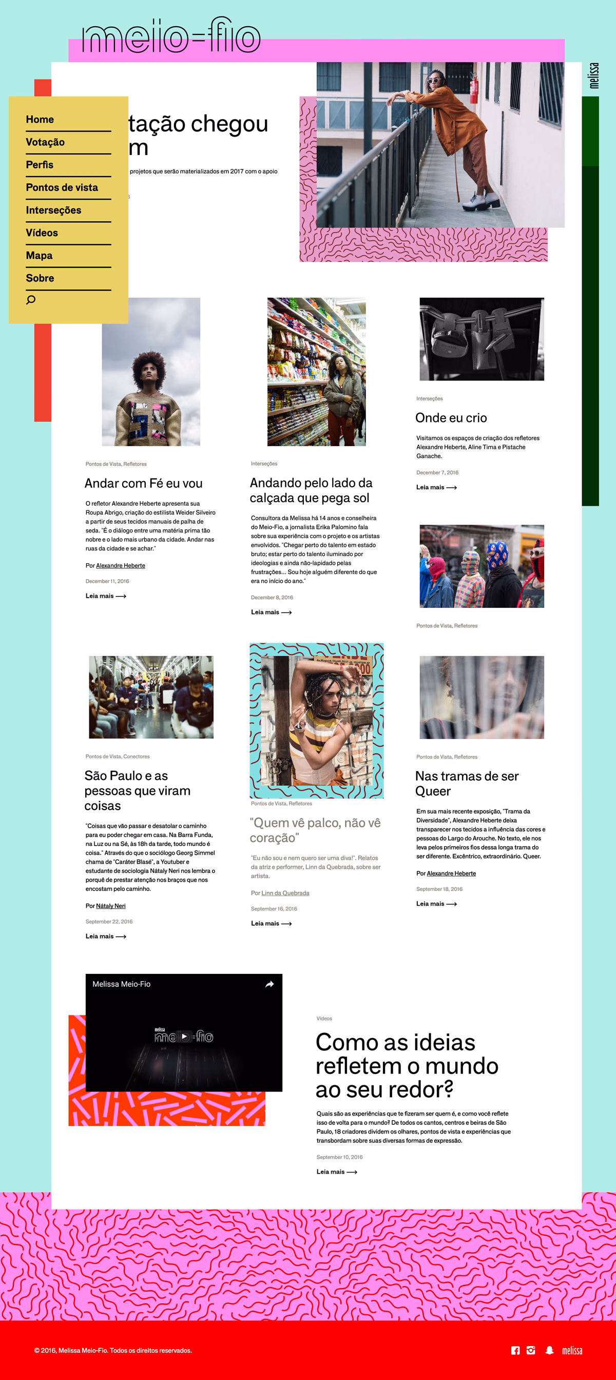 A vibrant website layout featuring colorful sections, images, and text blocks, showcasing creative content and projects.