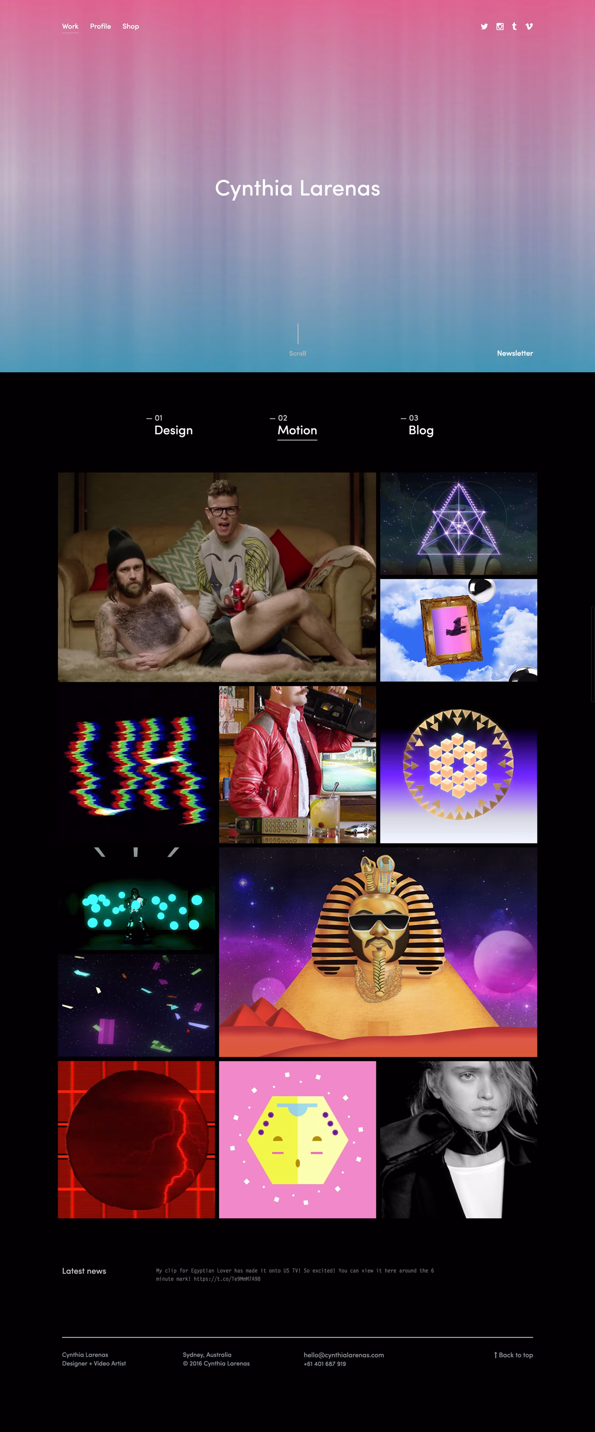 A website layout features a gradient background transitioning from pink to blue, showcasing various design and motion projects.