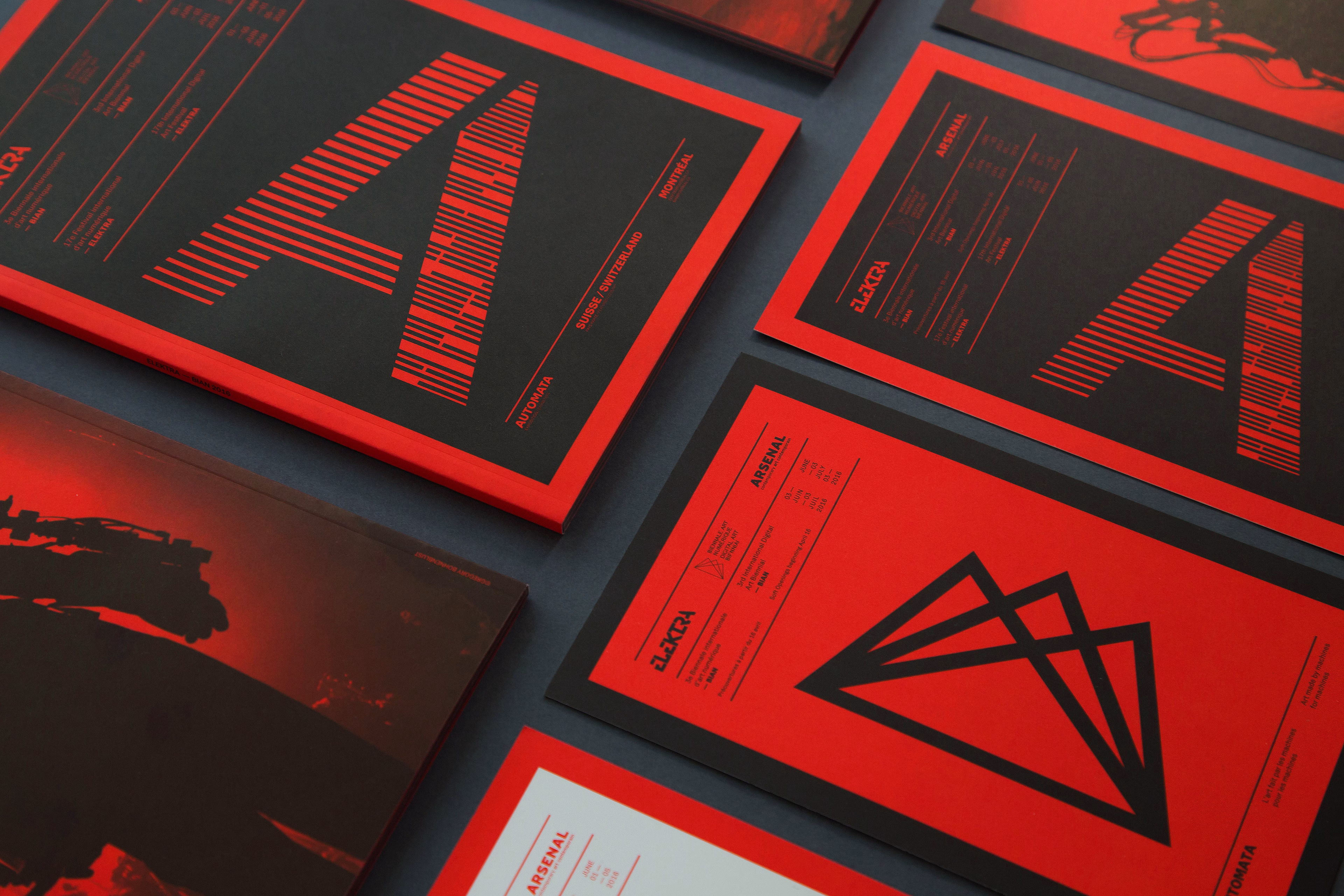 A collection of striking graphic designs with bold red and black elements, featuring varied geometric shapes and text.