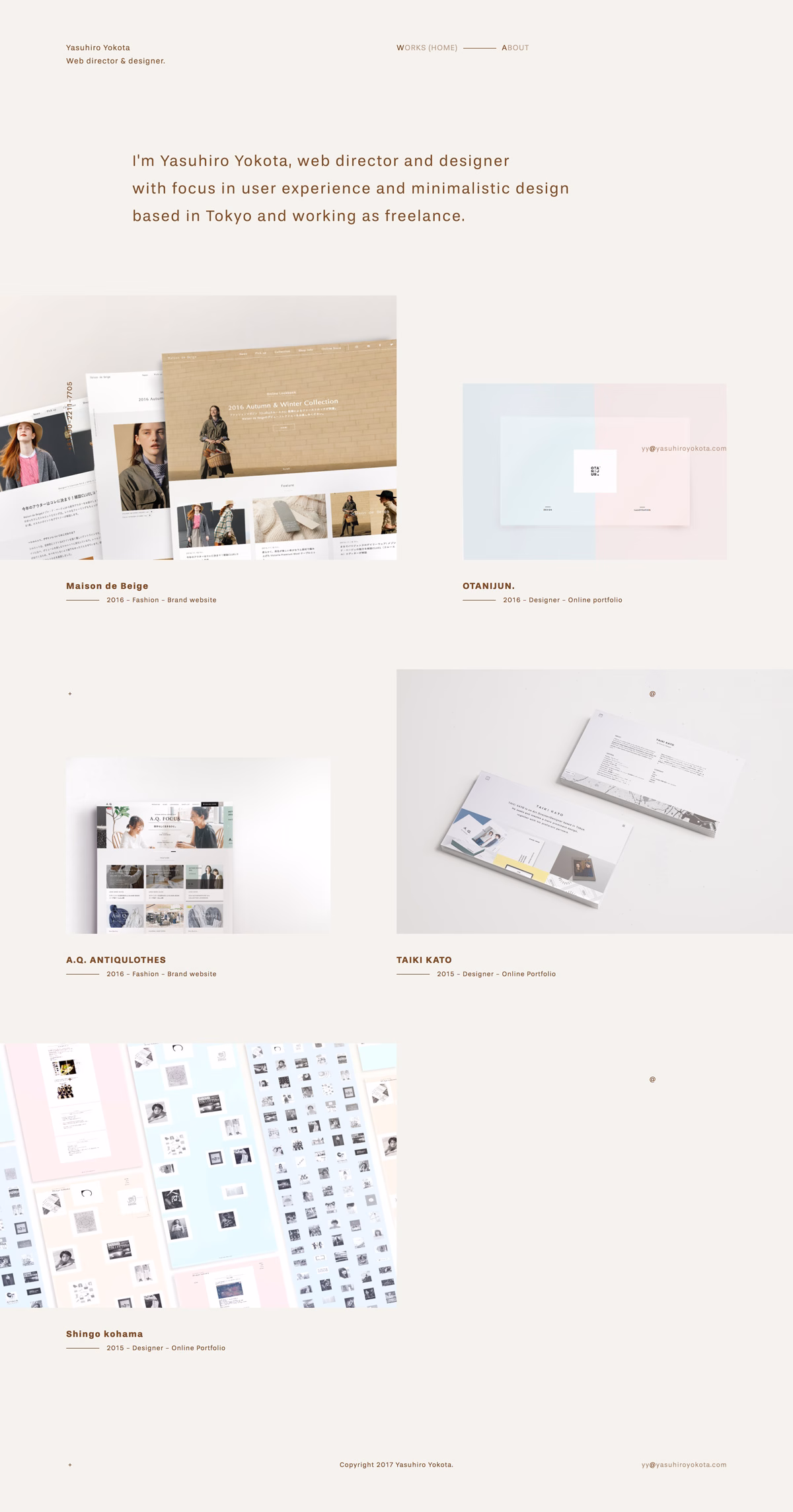 A minimalist portfolio layout displaying various web and branding designs in muted colors against a light background.