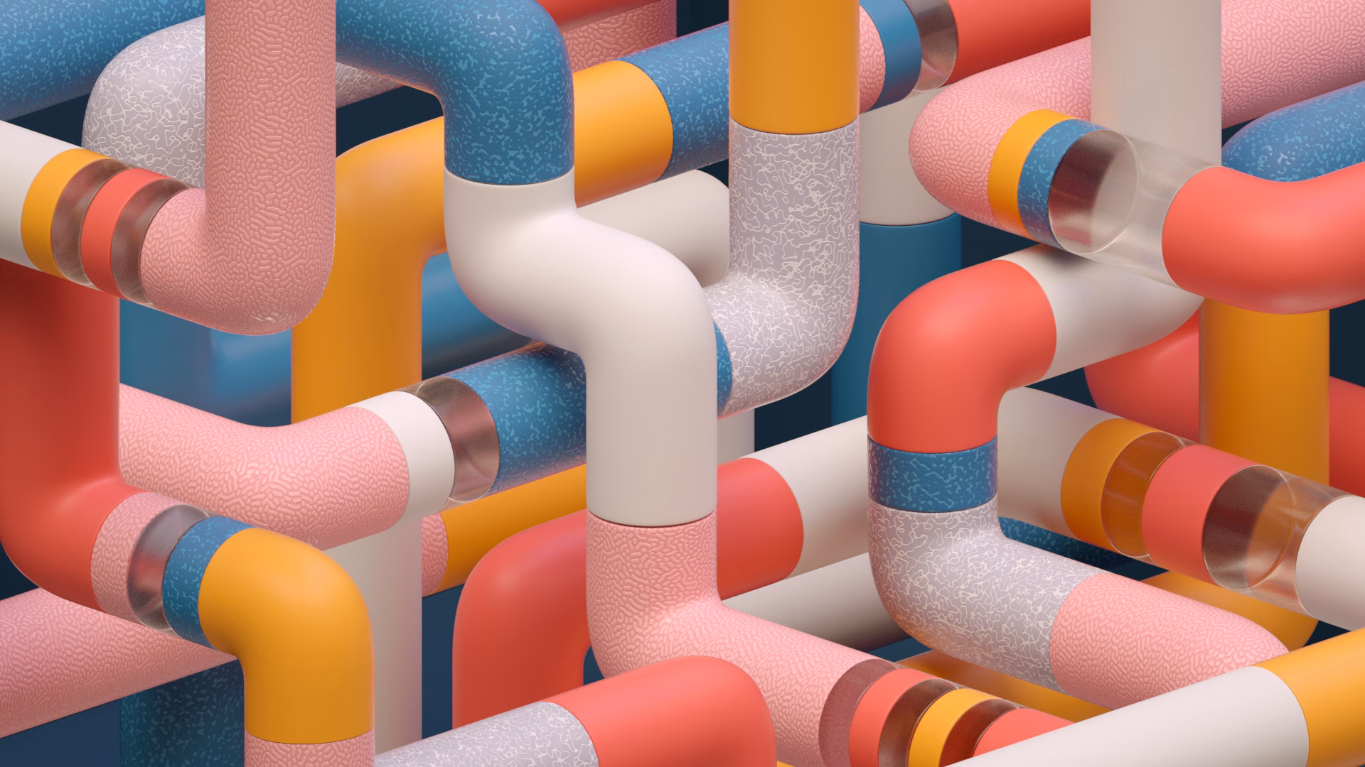 A complex arrangement of colorful, textured pipes intertwining against a dark background, showcasing various forms.