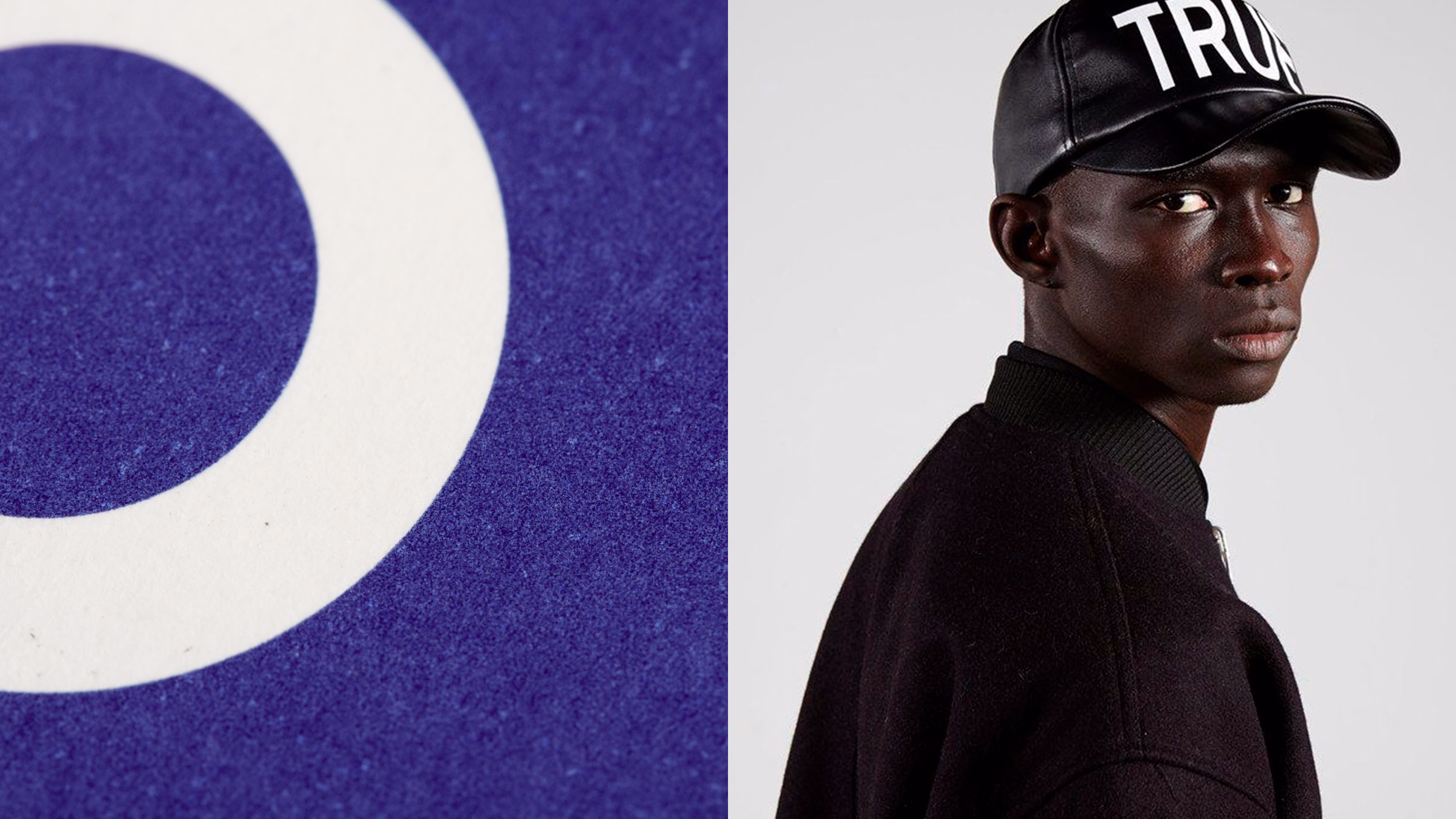 A close-up of a purple textured surface with a white circle beside a model wearing a black bomber jacket and cap.