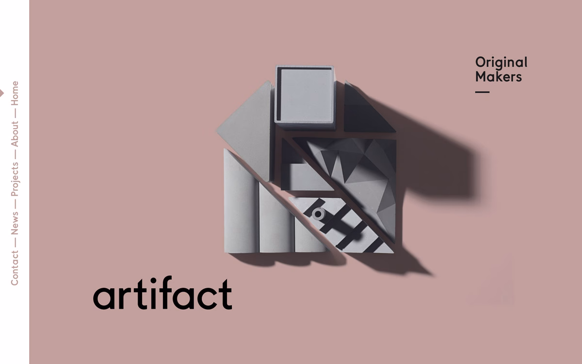 A collection of grey geometric shapes arranged on a soft pink background, creating visual depth and contrast.