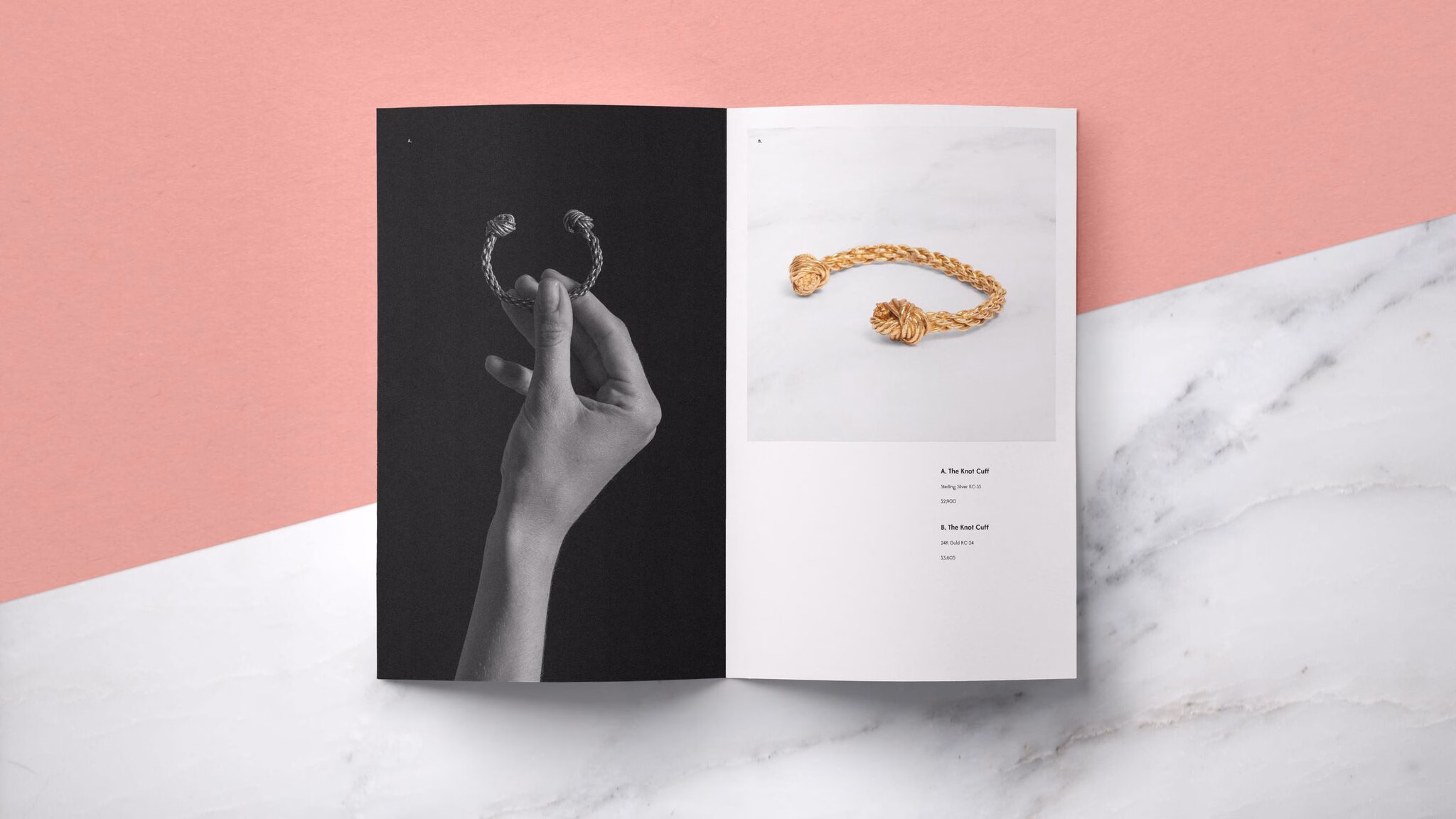 A hand holds a silver cuff on a dark page, opposite a gold cuff displayed on a light background.