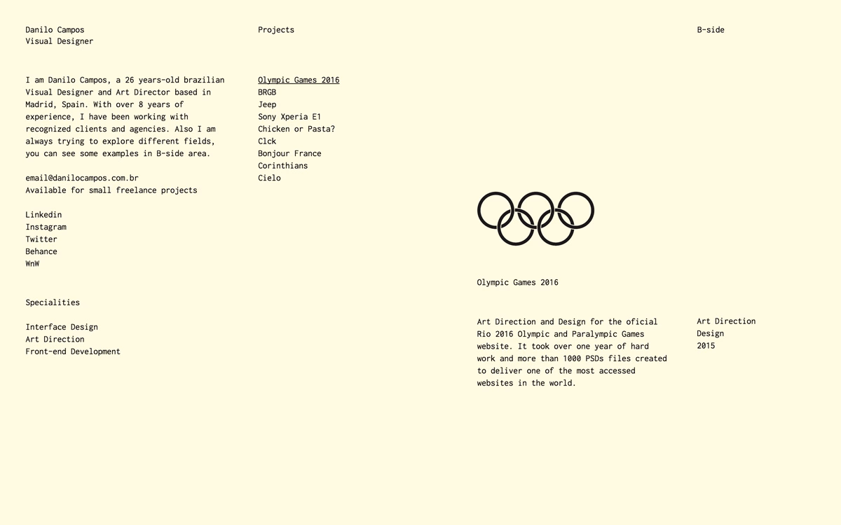 A pale yellow background features text detailing Danilo Campos' work as a visual designer, with Olympic rings illustrated above.
