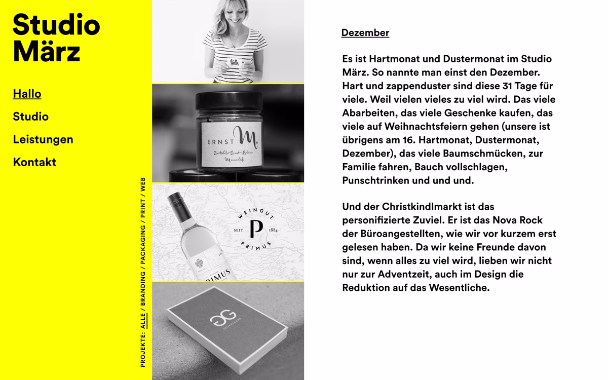A bright yellow background displays the title "Studio März" alongside various design elements, including text and product images.