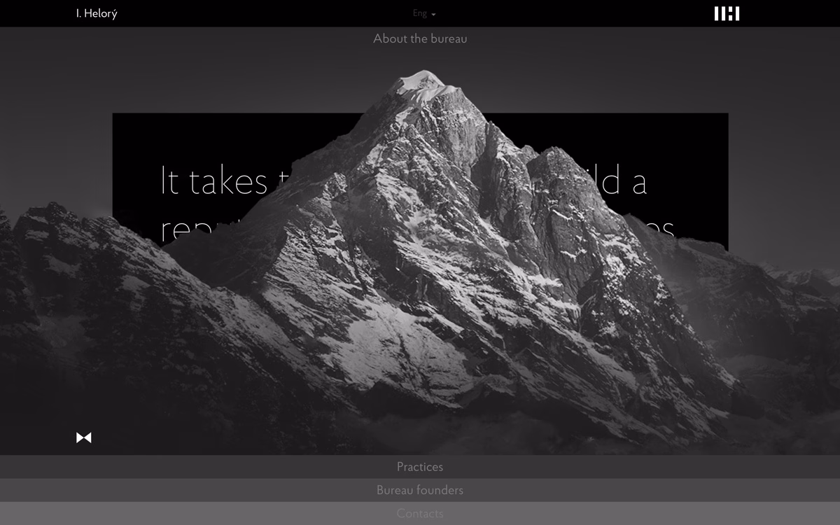 A snowy mountain peak towers over a dark background with white typography featuring text about the bureau.