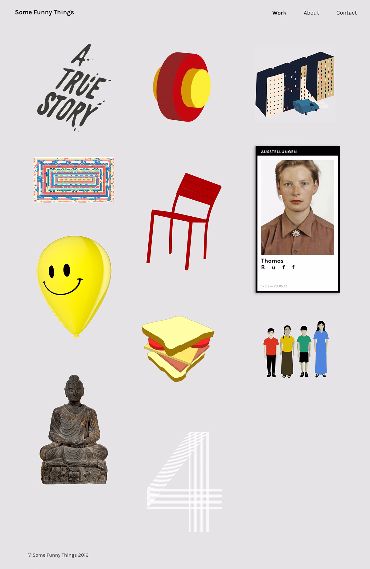 A grid layout displays various colorful illustrations, including a yellow balloon, a chair, and a Buddha statue.