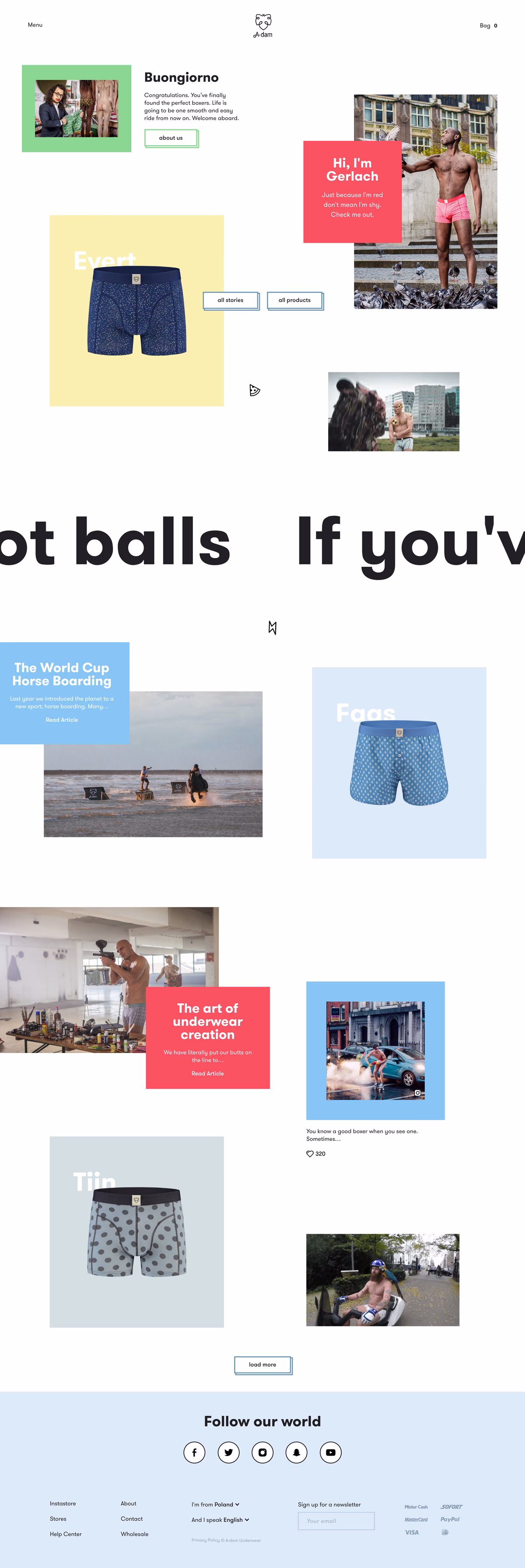 An eclectic webpage features colorful blocks and images, showcasing various boxer shorts and playful typography.