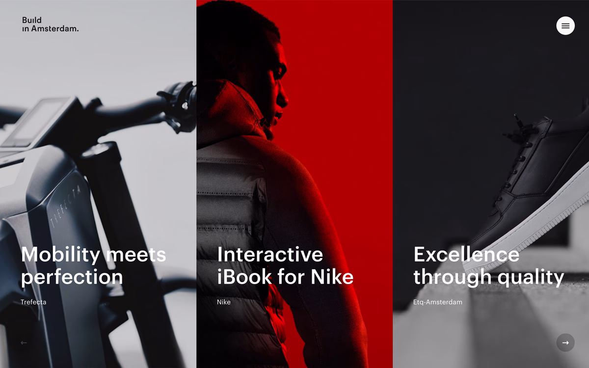 Three panels feature a bike, a model in a puffy jacket against a red backdrop, and stylish black sneakers.