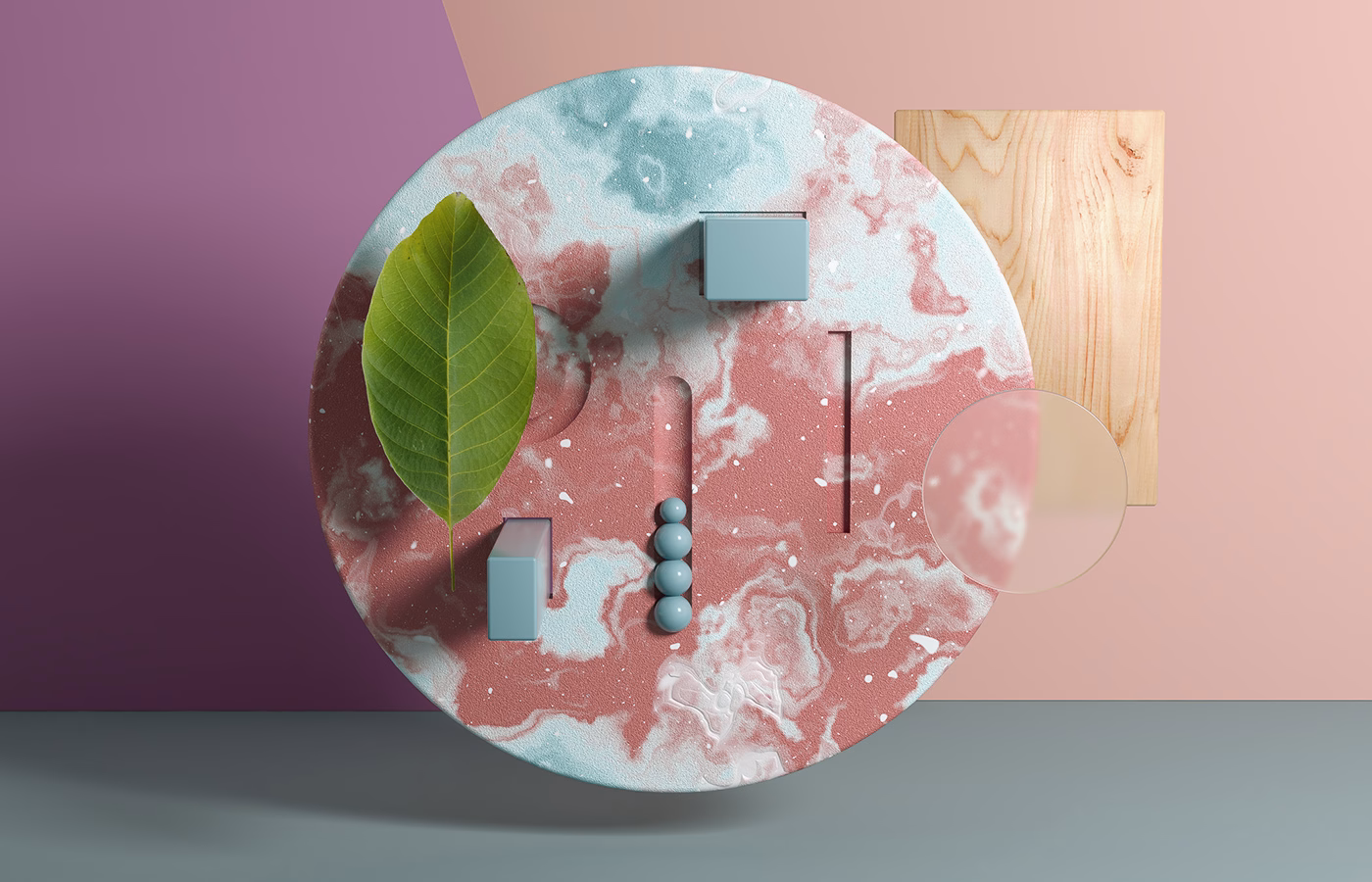 A circular surface with marbled pink and blue patterns features geometric shapes and a green leaf in an abstract arrangement.