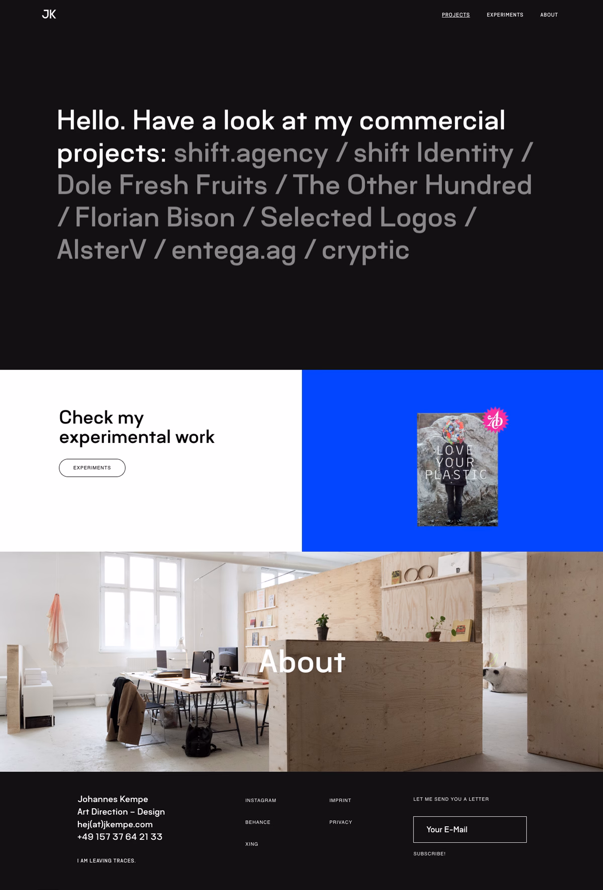 A minimalist website design features a black background with white and blue sections, showcasing various projects and contact information.