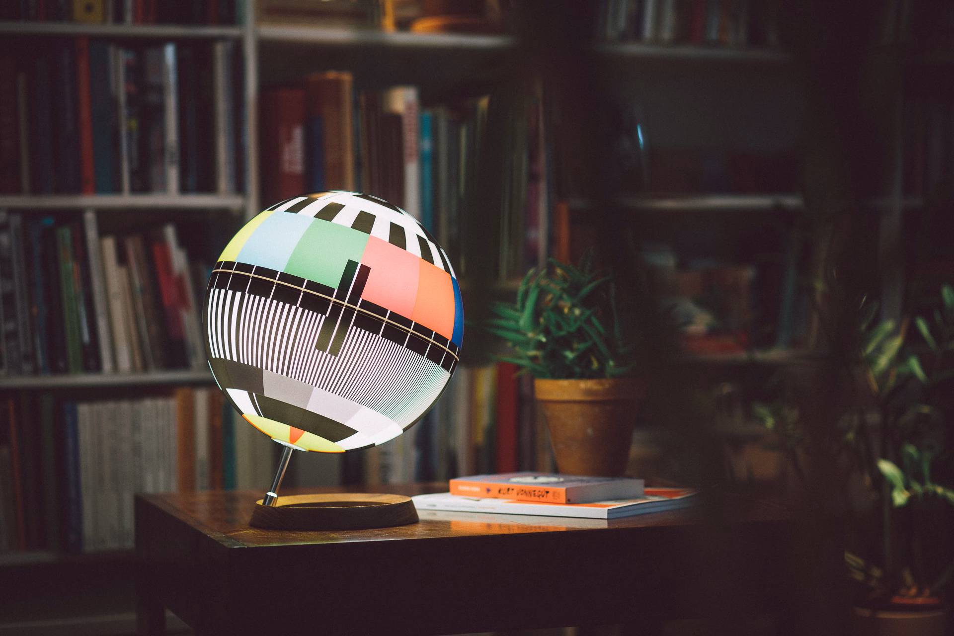 A colorful globe lamp sits on a wooden table next to potted plants and stacked books, with a bookshelf in the background.