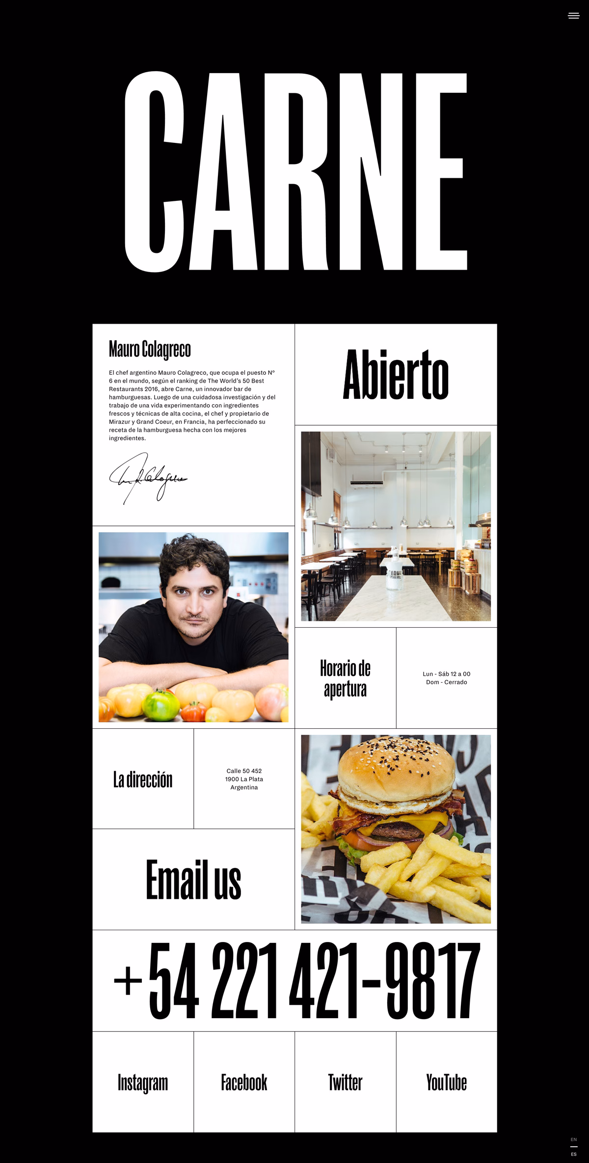 An informational menu featuring a black background, large bold text, and images of a chef and a burger with fries.