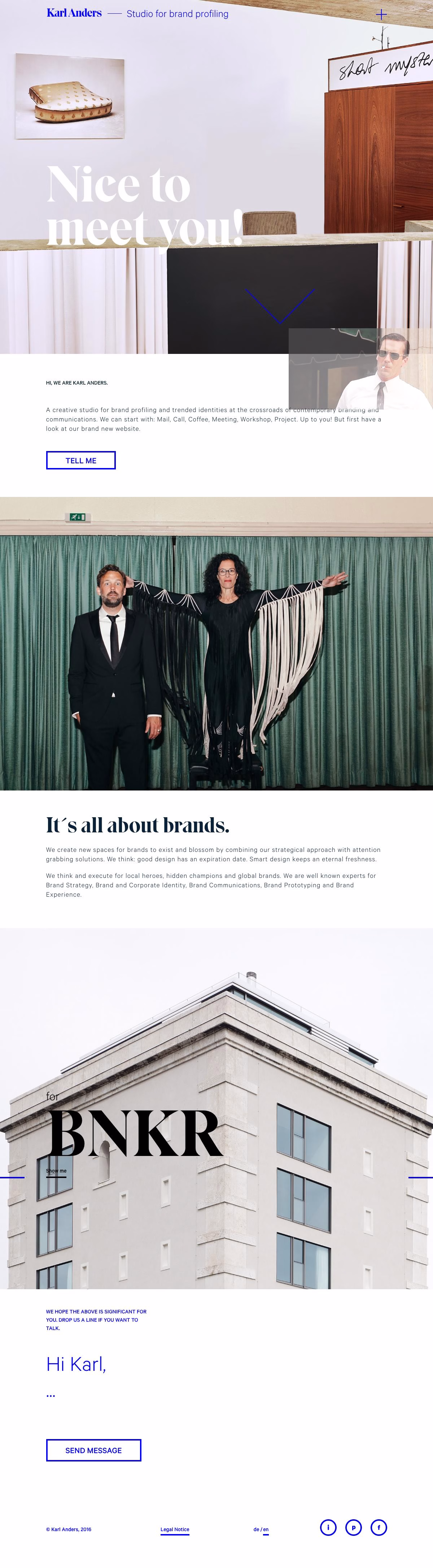 A modern website layout featuring a mix of bold typography and images, including a black and white color scheme.