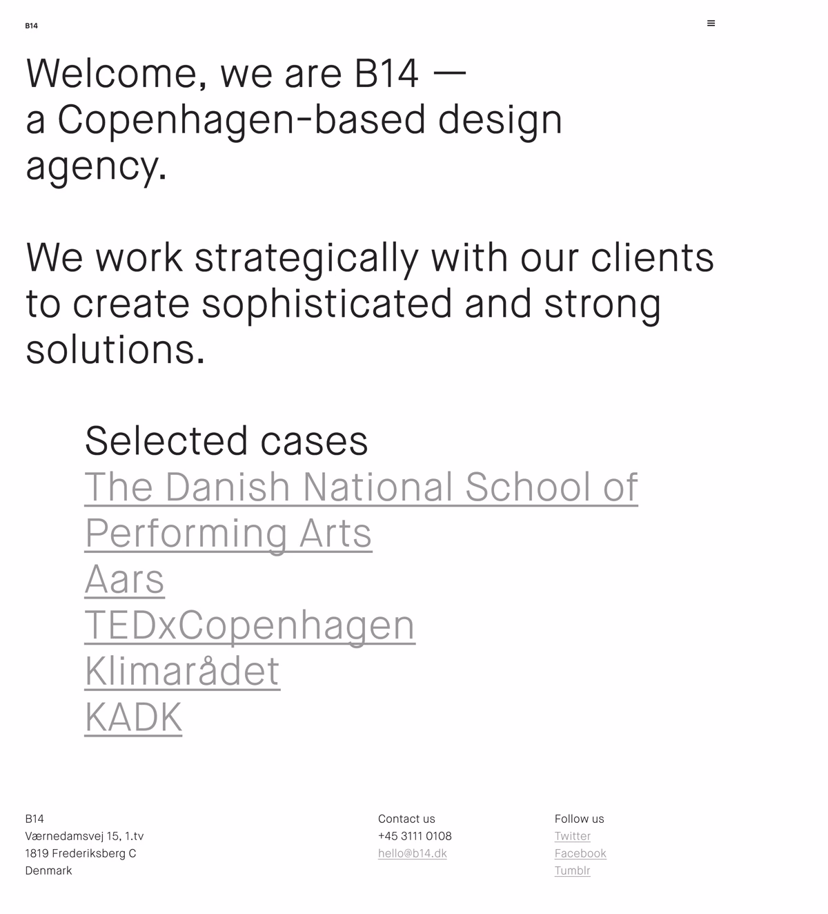 A clean, minimalistic webpage featuring bold typography and a list of selected design cases by B14 agency.